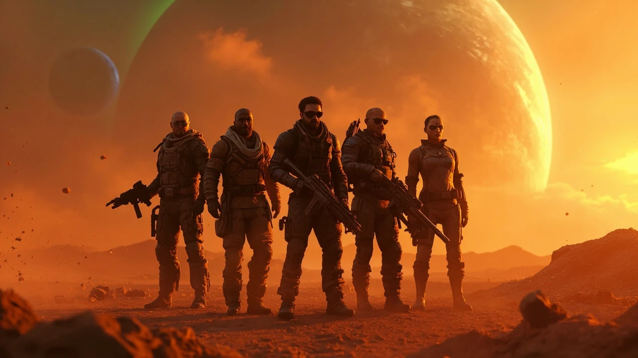 Editorial illustration of Outer Worlds 2 companions standing in a sci-fi colony setting