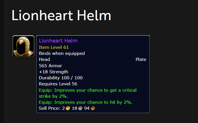 Lionheart Helm in WoW