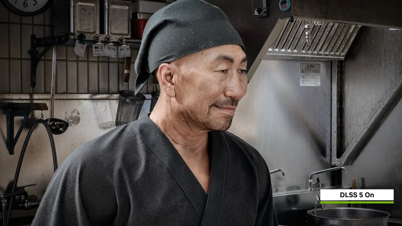 Official DLSS 5 ramen chef comparison frame. Image credit: NVIDIA.