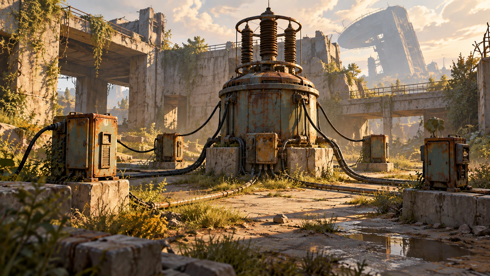 AI-generated editorial illustration of a fictional electrical apparatus among industrial ruins, not an ARC Raiders screenshot